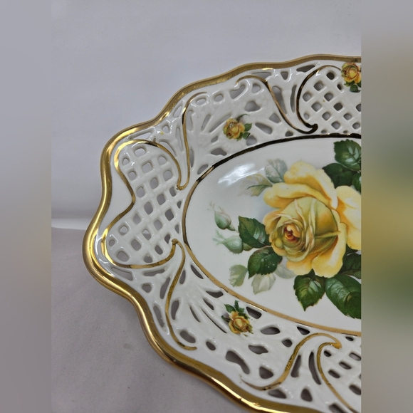 Schumann Bavaria Yellow Rose Serving Decor Dish Porcelain Perforated Edges - Picture 2 of 13